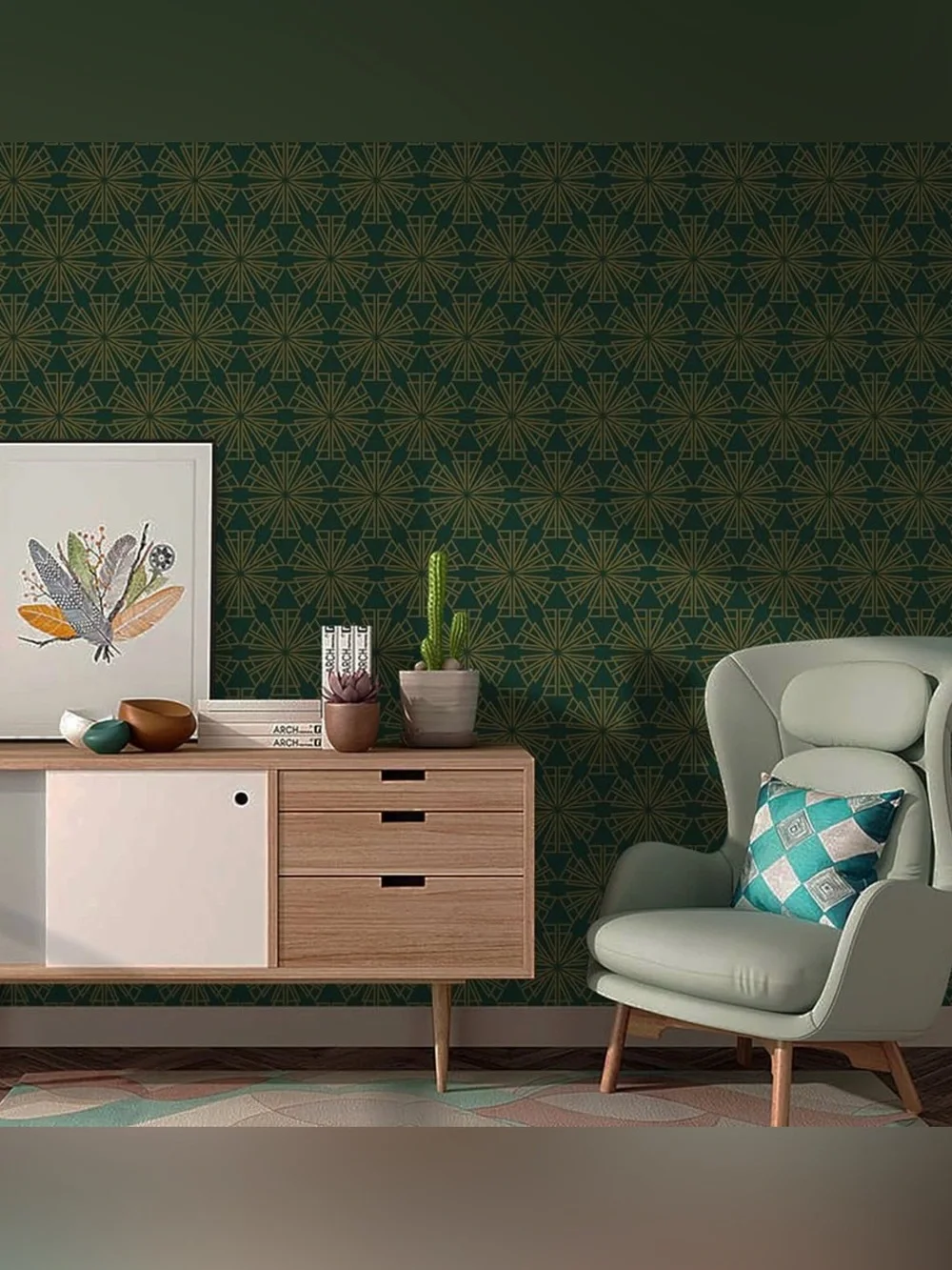 NWT Dark Green & Gold Peel & Stick Wallpaper, Self-Adhesive, 17.3” x 393.7”